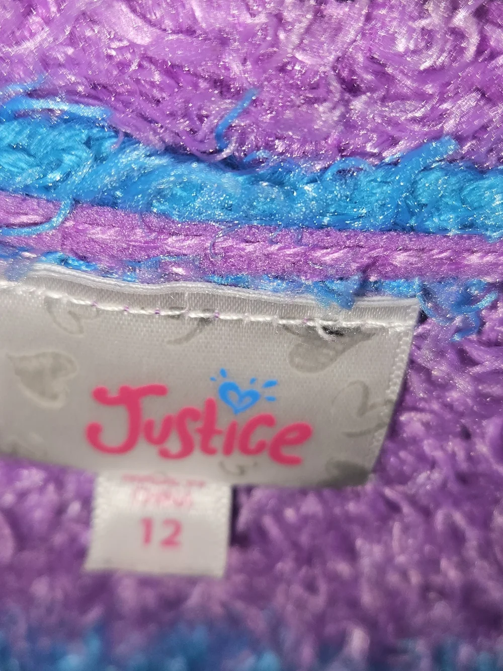 Justice Fuzzy Stripe Sweater in Purple & Teal Blue Size 12 Loose V Neck